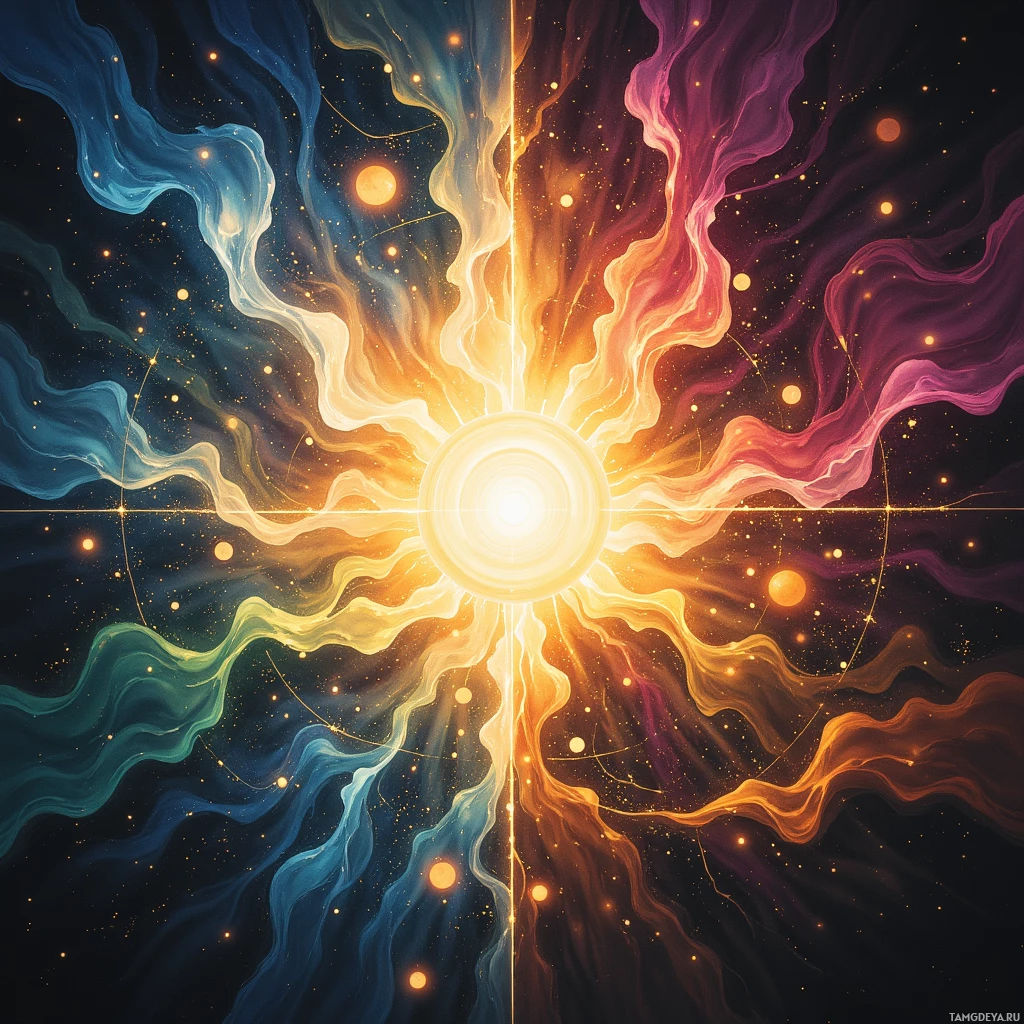 A vibrant cosmic scene with swirling colors and a bright central light.