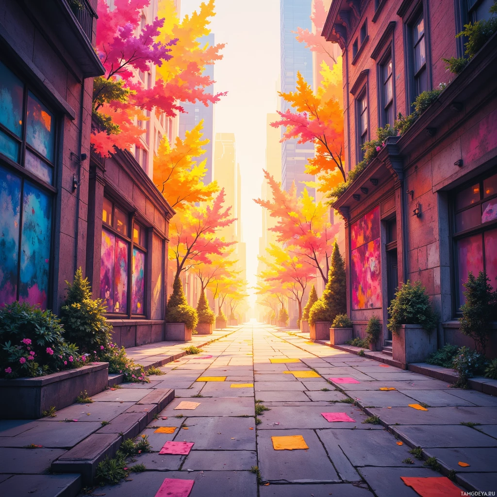 A vibrant city street lined with colorful autumn trees and modern buildings.
