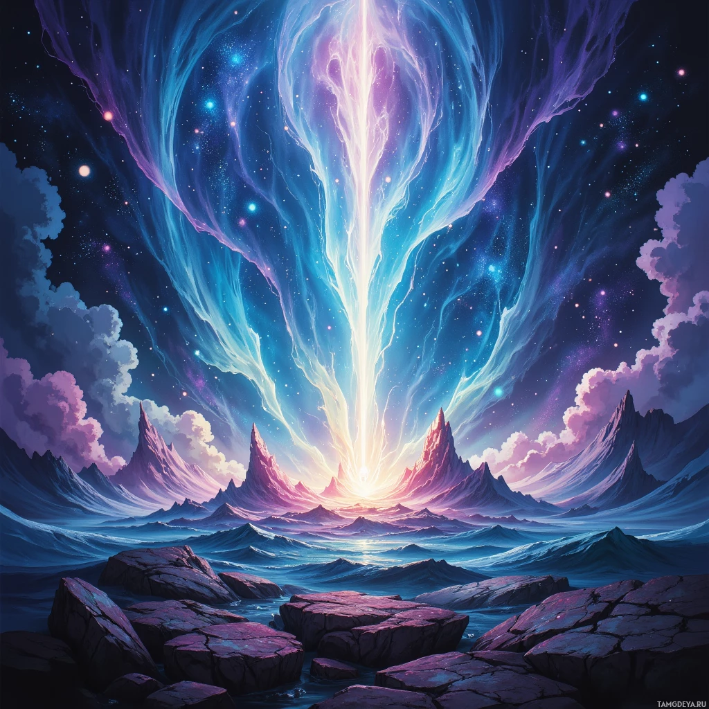 A fantastical landscape featuring jagged mountains under a vibrant sky with glowing streaks and stars.