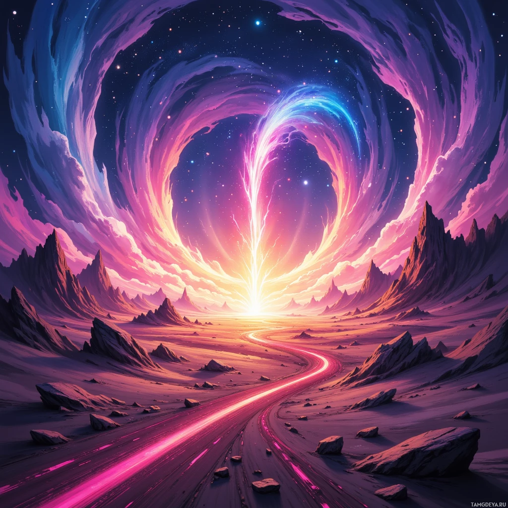 A vibrant, surreal landscape featuring a glowing, ethereal tunnel in the sky and a winding path leading towards it.