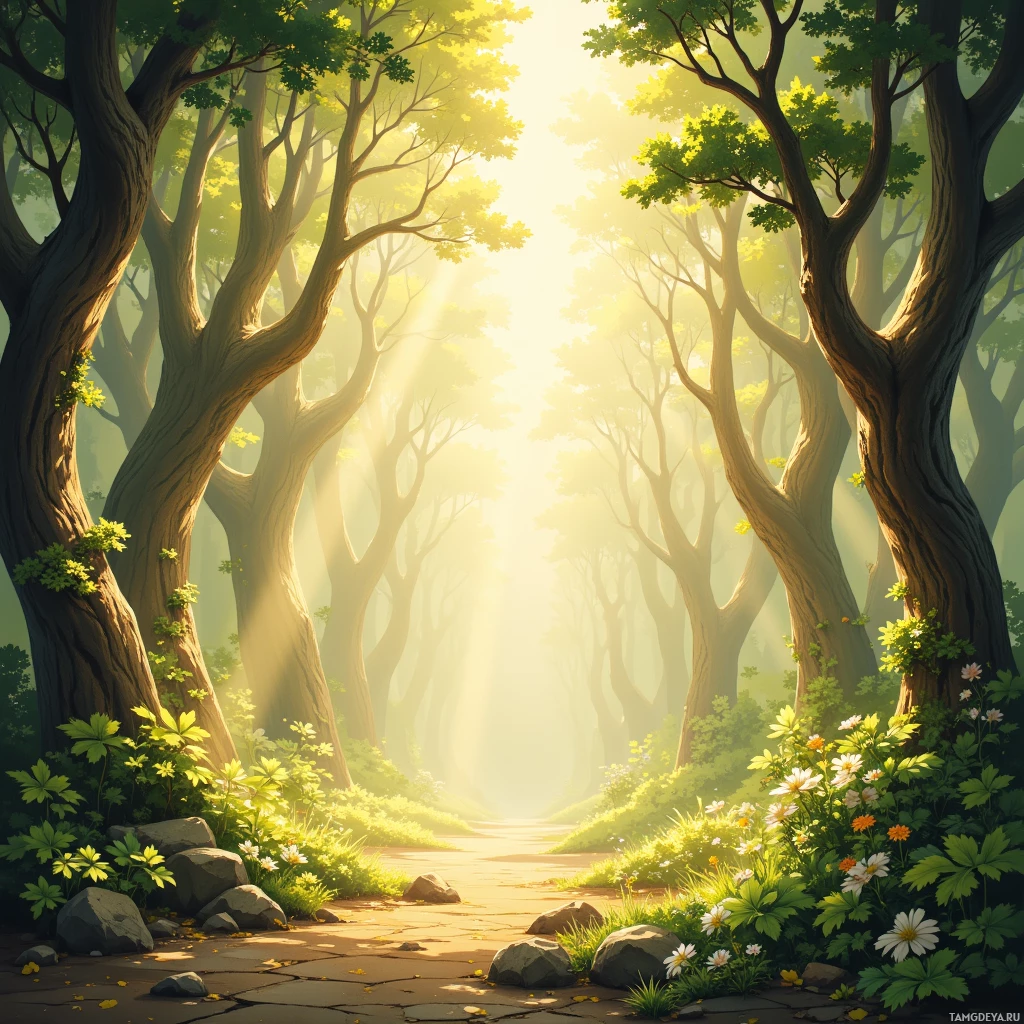 A serene forest path lined with tall trees and vibrant flowers bathed in golden sunlight.