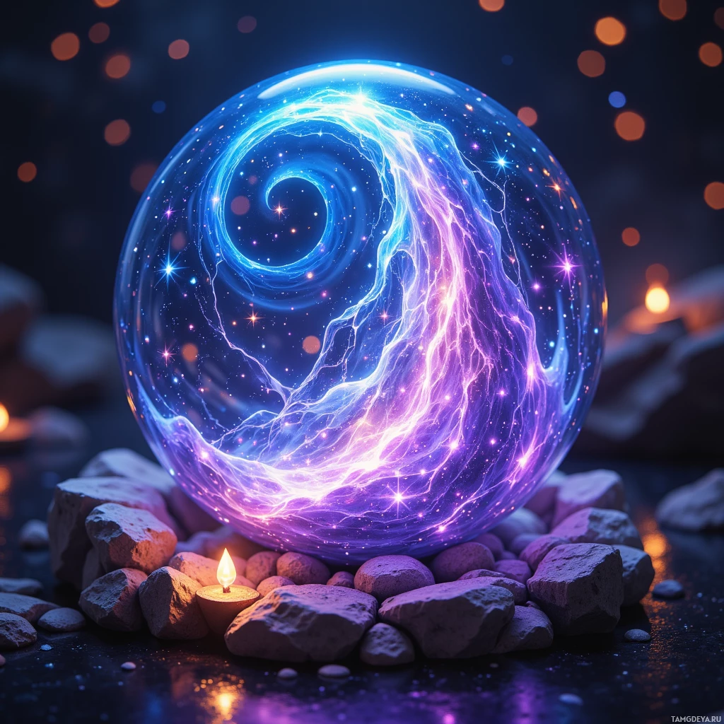 A glowing crystal ball with swirling energy and stars, resting on rocks with a lit candle nearby.