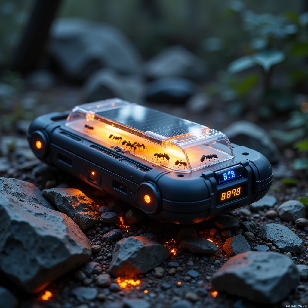 A small, futuristic device with a solar panel and glowing lights, placed on a rocky surface.