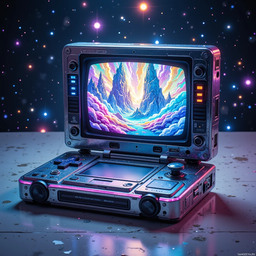 A retro-style portable gaming console displays a vibrant, fantastical landscape on its screen against a starry background.