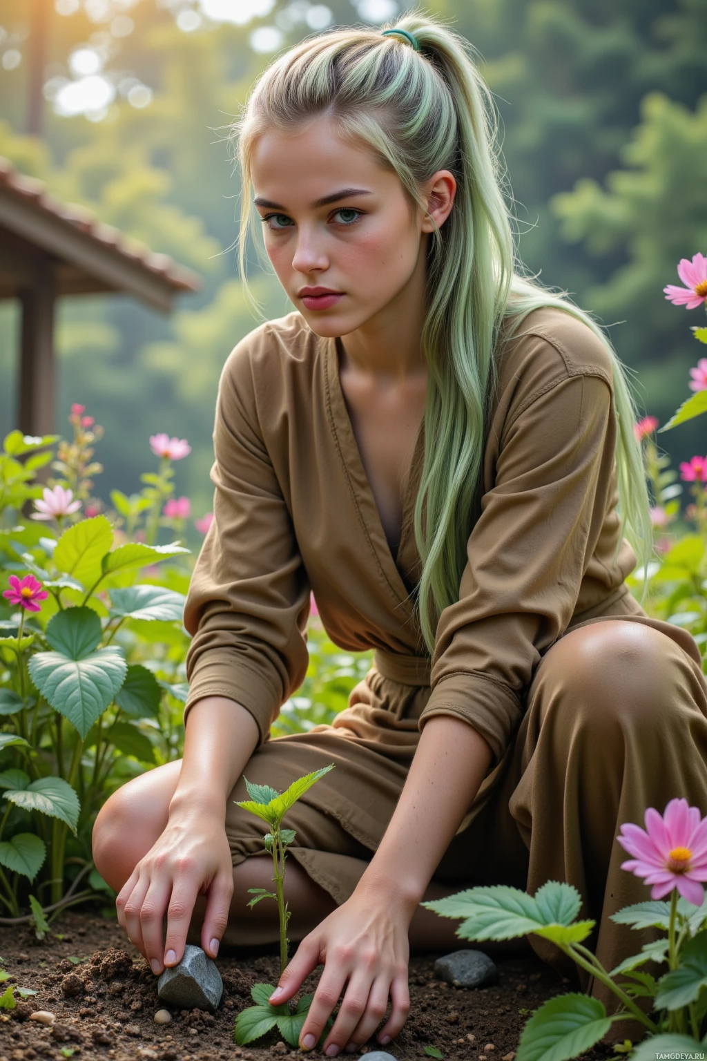 A person in a brown outfit is crouching in a garden, tending to a small plant.