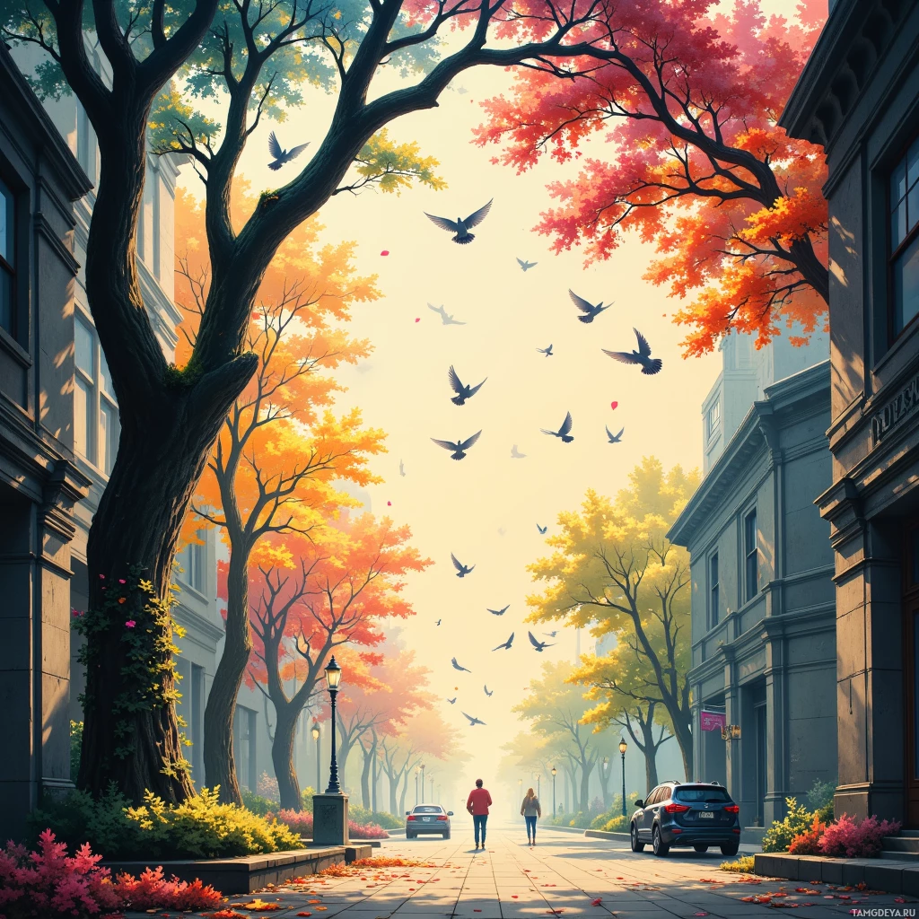 A picturesque autumn street scene with colorful trees and birds flying overhead.