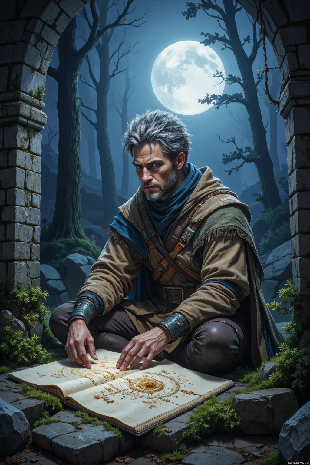 A man sits cross-legged, examining an ancient book under a full moon in a forest.