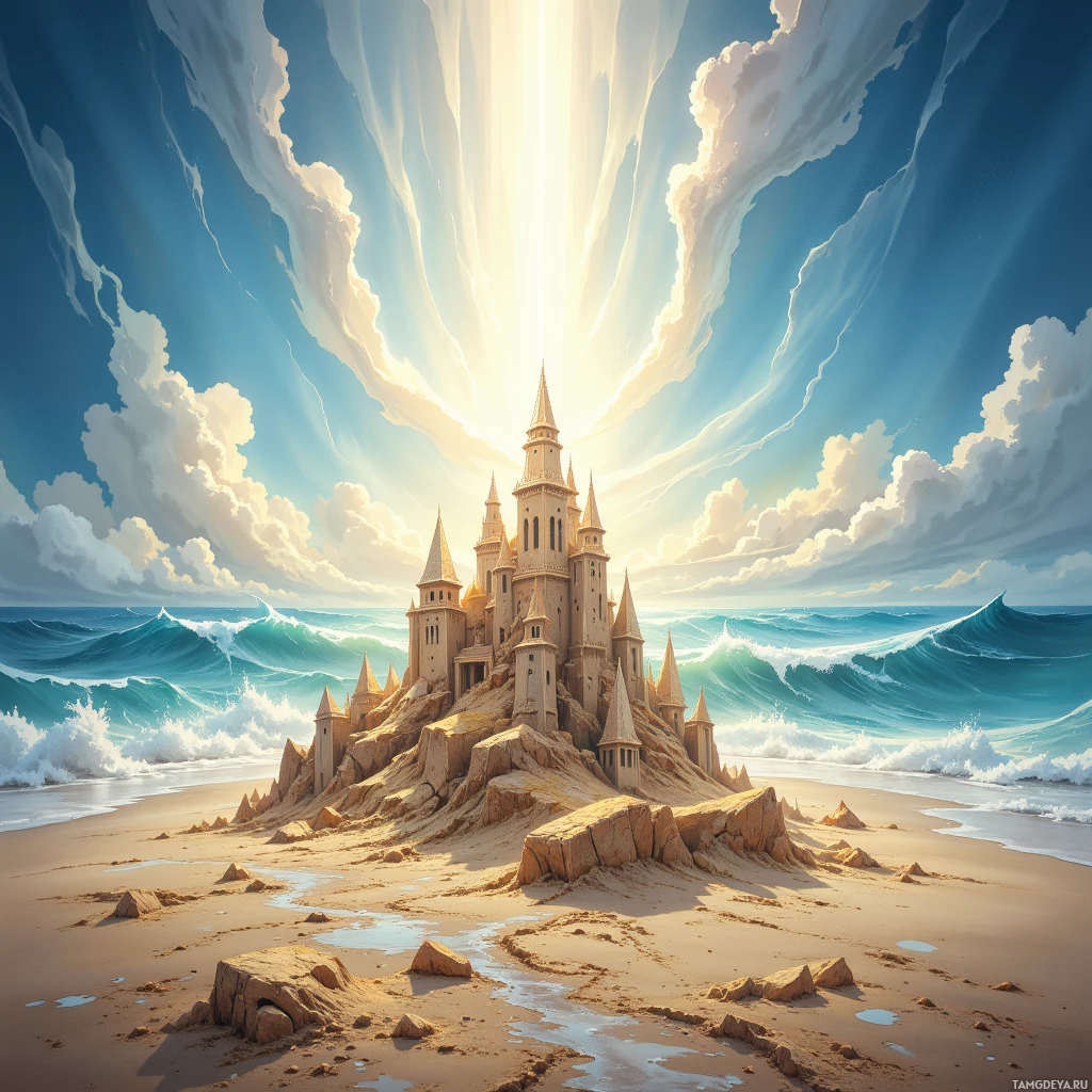 A majestic sandcastle stands on a rocky beach, bathed in sunlight with waves crashing nearby.
