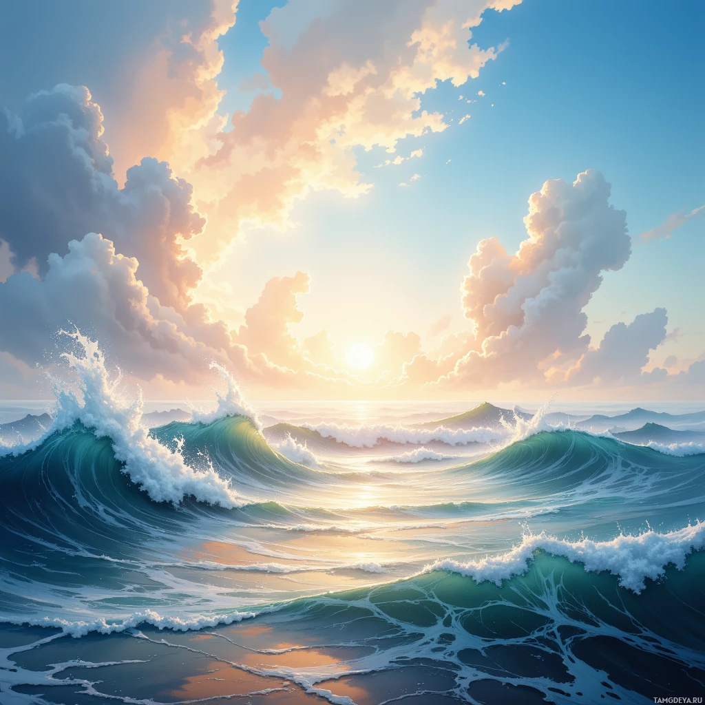 A vibrant sunset illuminates dramatic ocean waves crashing against the shore.