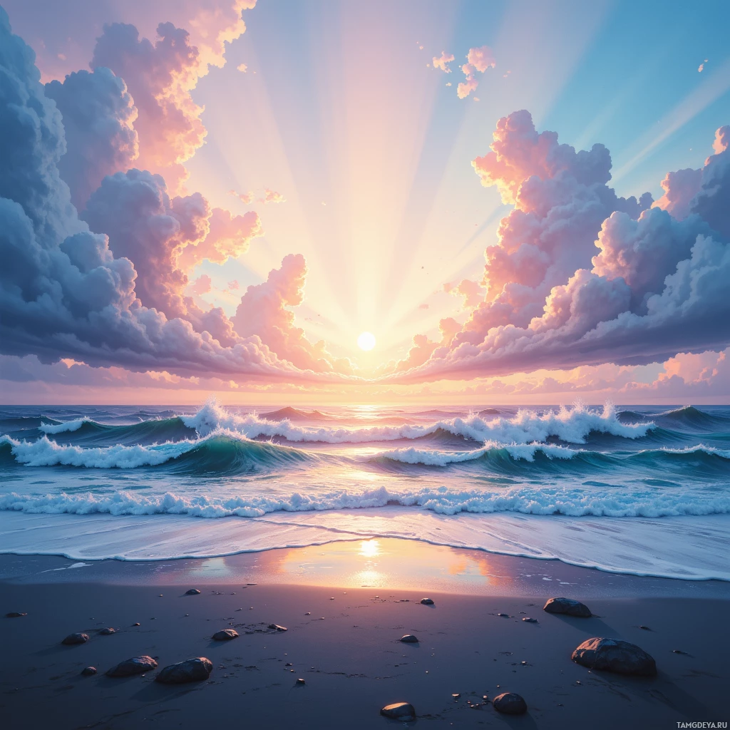 A serene sunset over the ocean with waves crashing onto a sandy beach and vibrant clouds in the sky.