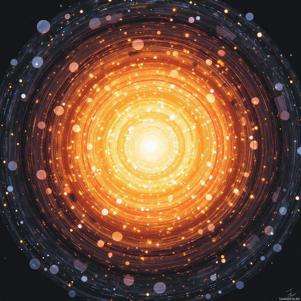 A radiant, swirling pattern of orange and yellow hues with glowing particles against a dark background.