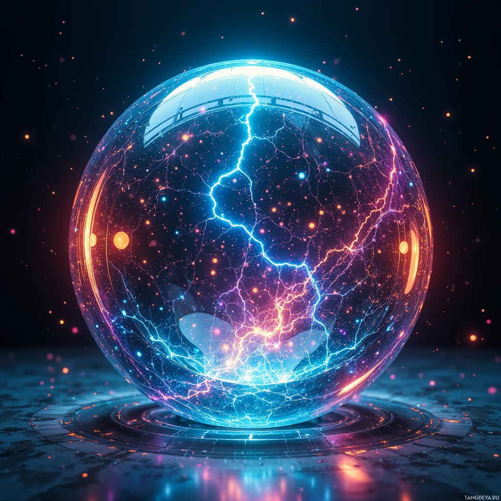 A glowing, transparent sphere with intricate lightning patterns and colorful particles.