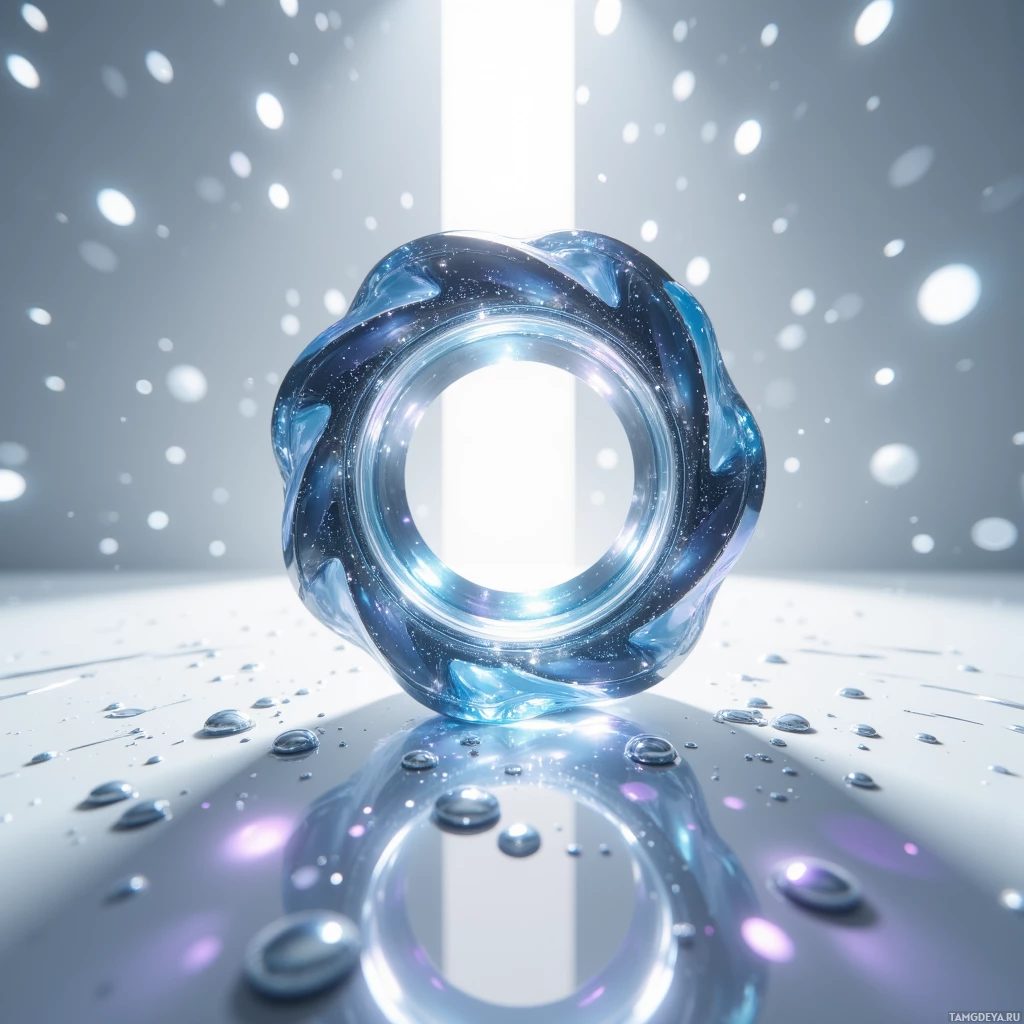 A translucent blue ring with water droplets on its surface and a bright light source behind it.