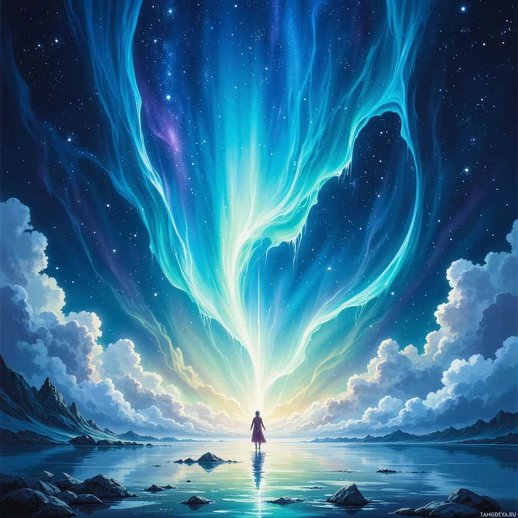 A person stands on a reflective surface under a vibrant sky with glowing light beams and clouds.
