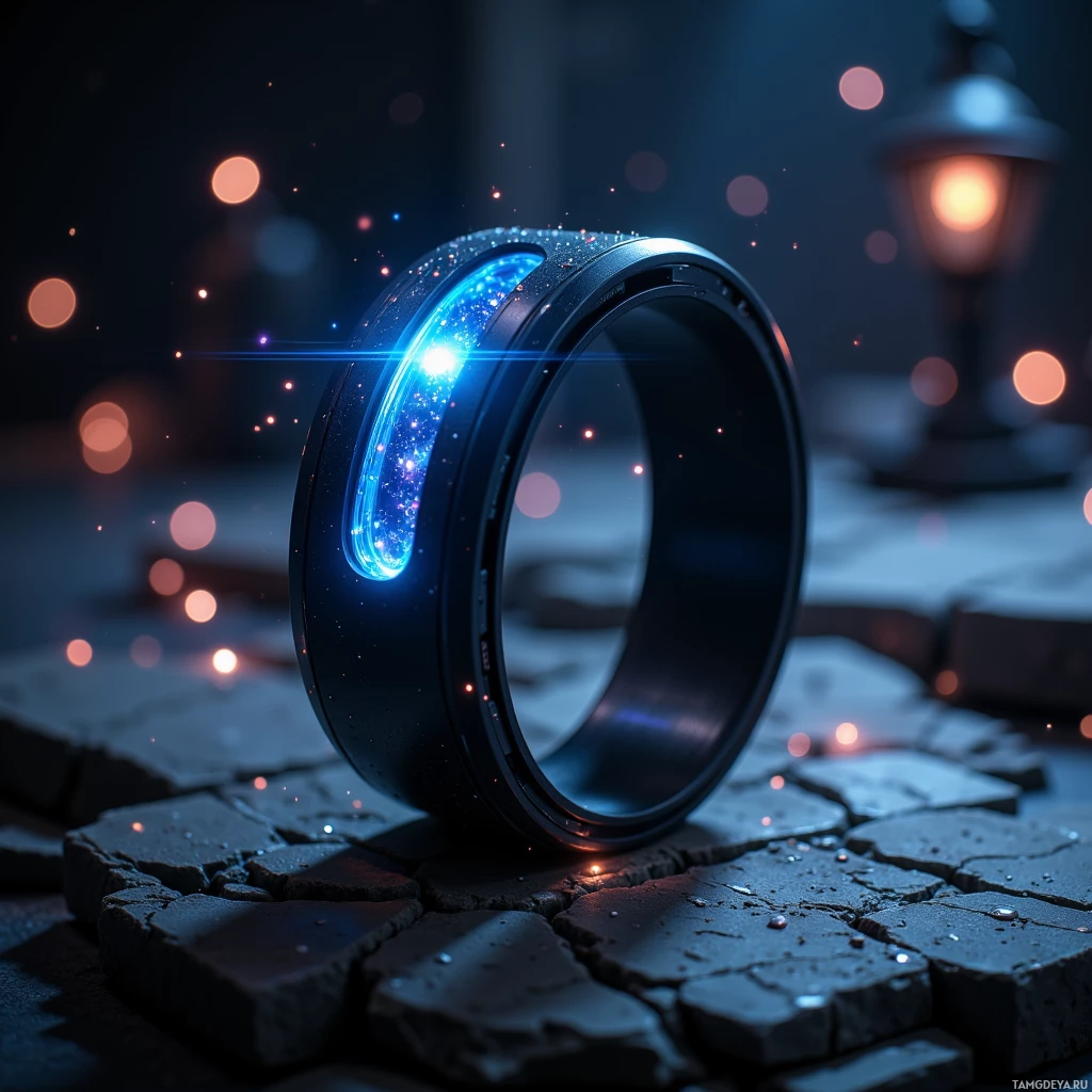 A glowing, circular object with a blue light and sparkles, resting on a cobblestone surface.