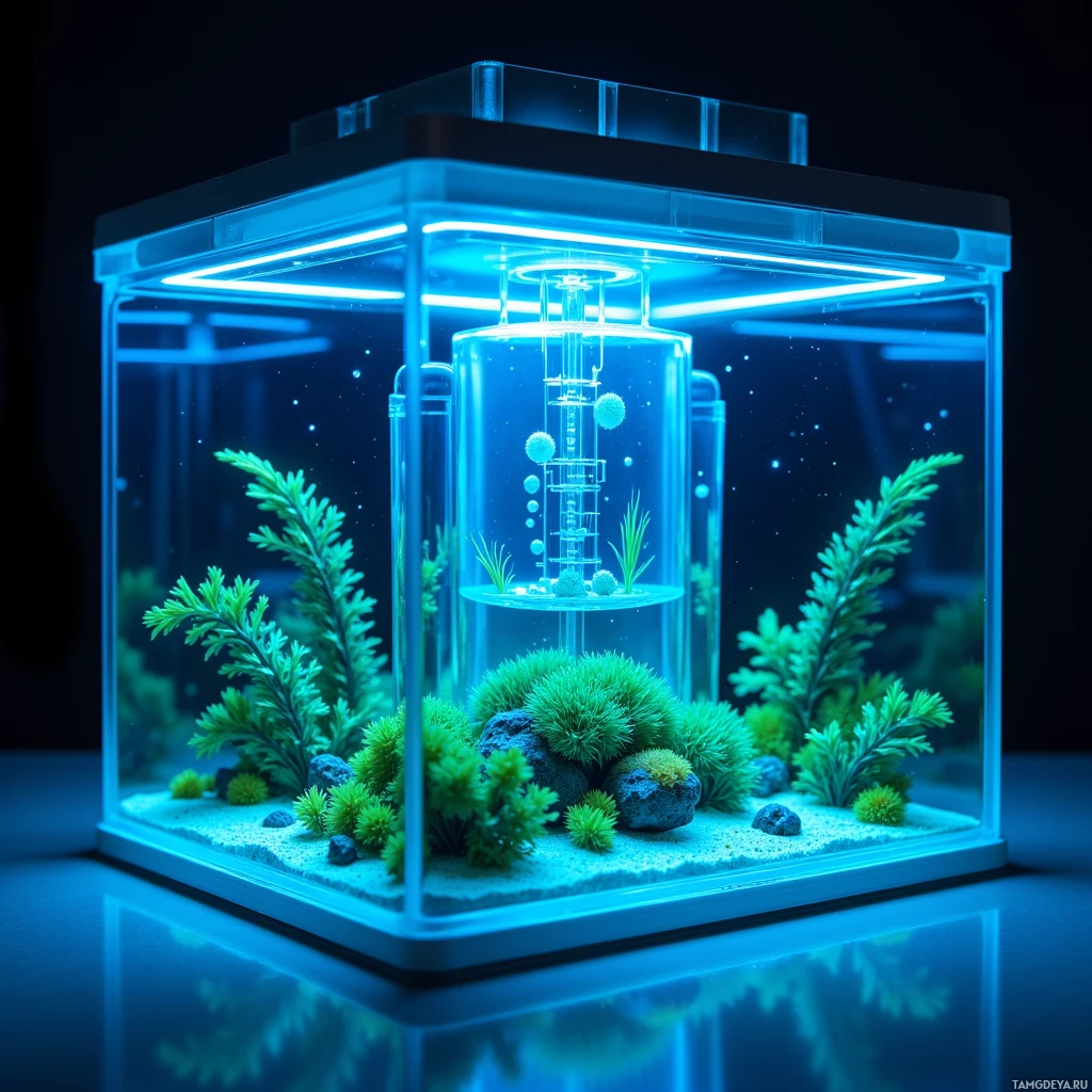 A small, illuminated aquarium with green plants and rocks.