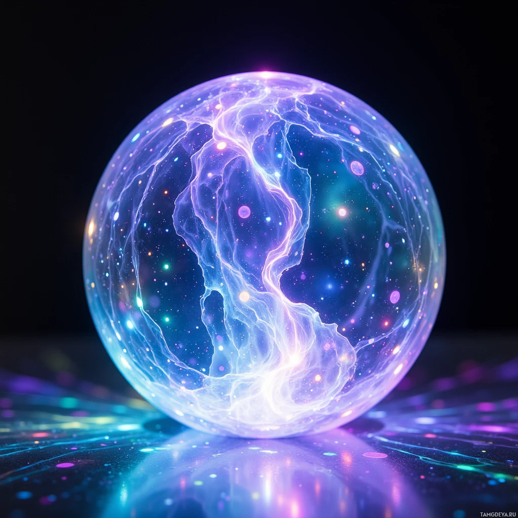 A glowing, ethereal sphere with intricate, glowing patterns and a reflective surface.