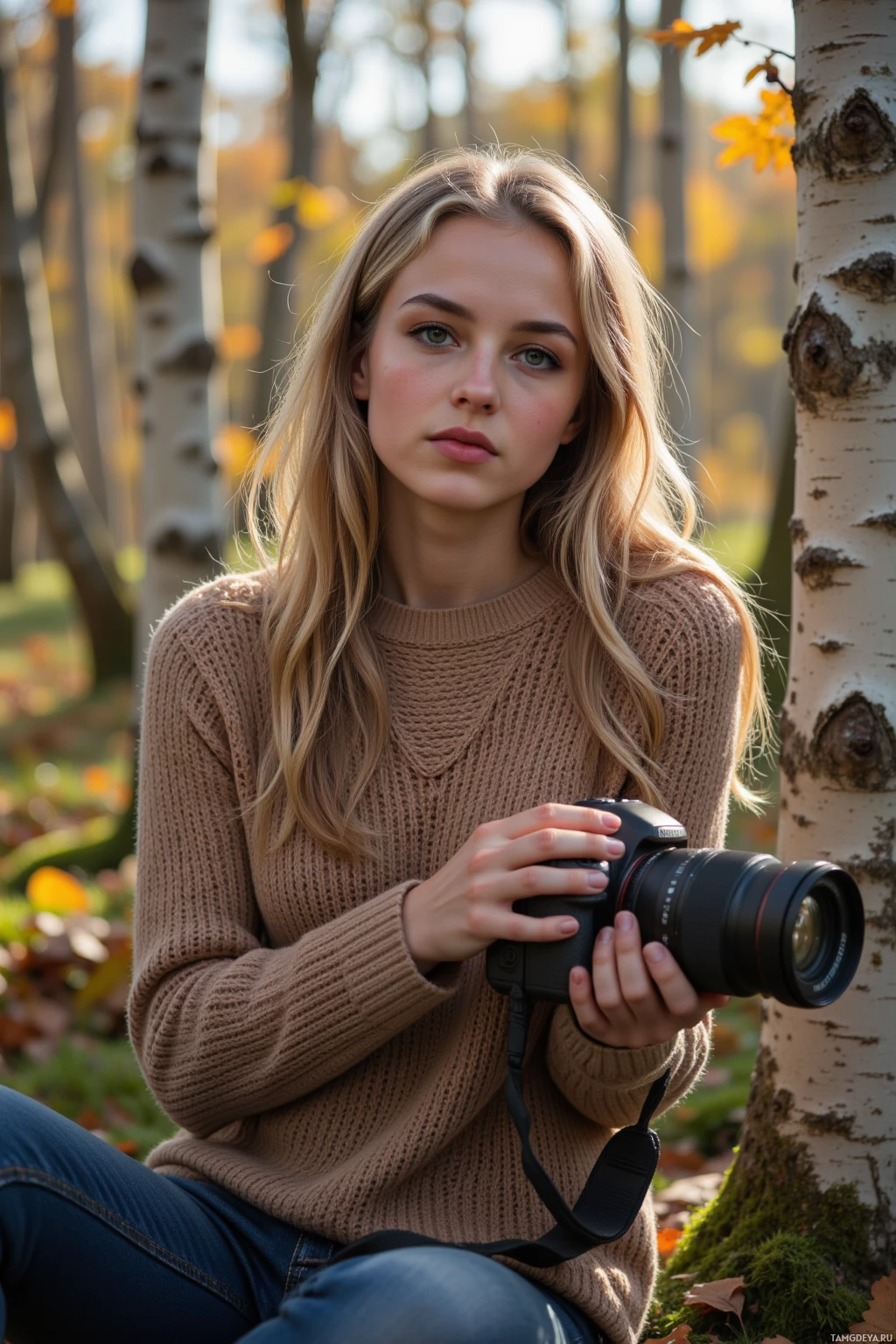 A person in a beige sweater holds a camera while sitting outdoors amidst autumn foliage and trees.