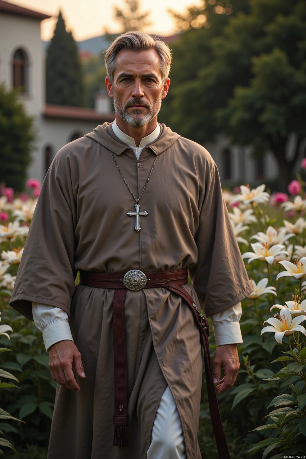 A man in a brown robe with a white collar and a cross necklace stands in a garden with flowers.