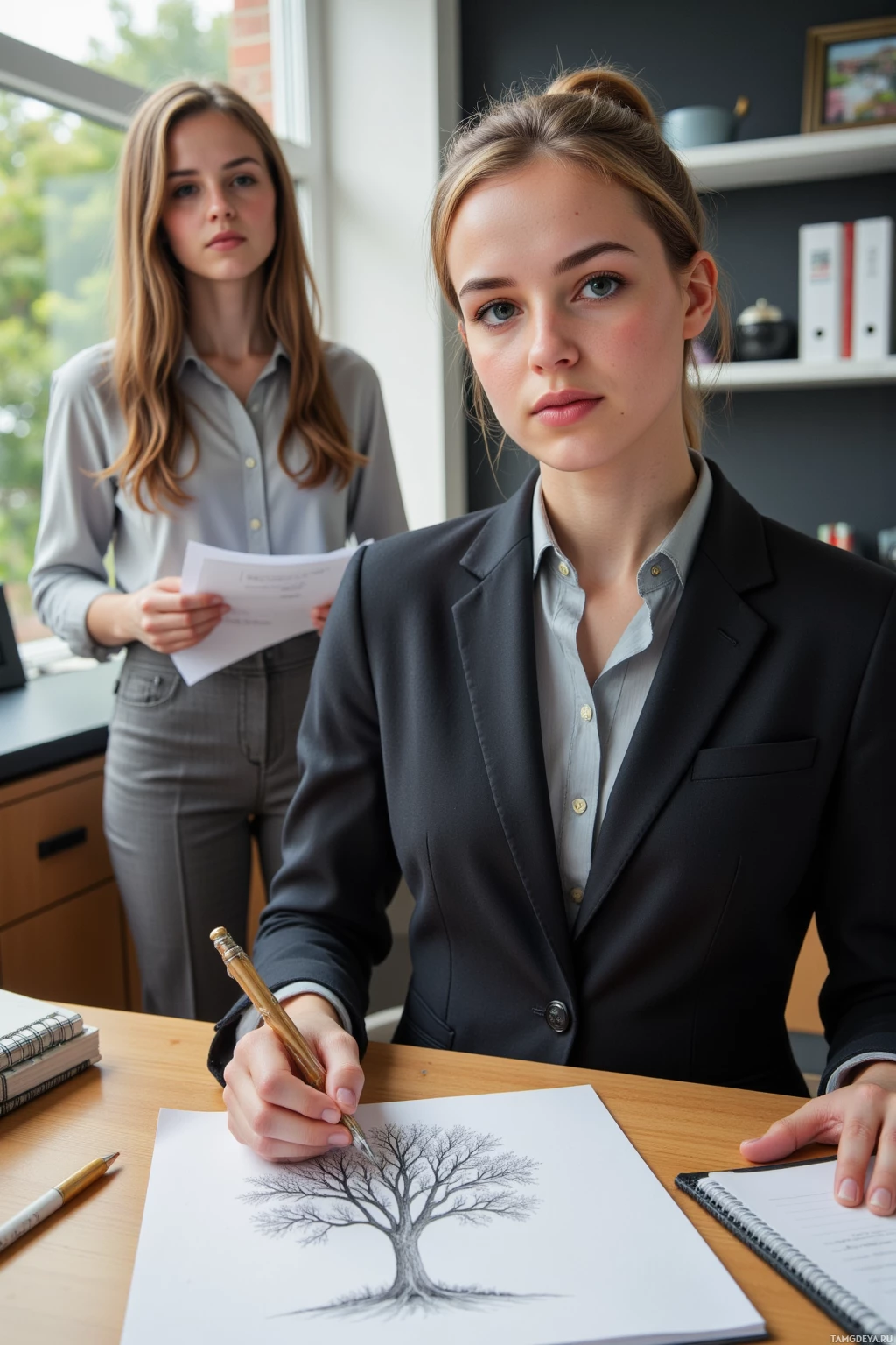 A person in professional attire is drawing a tree on paper at a desk while another individual stands behind them holding papers.