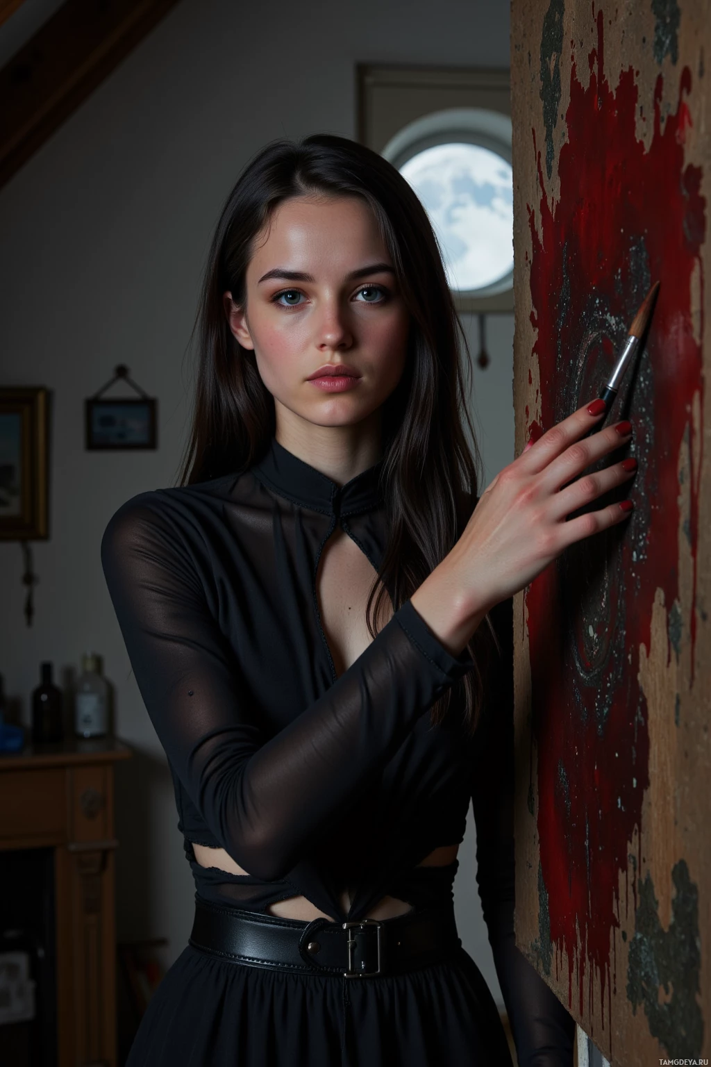A person in black attire holds a paintbrush near an abstract painting with red and green hues.