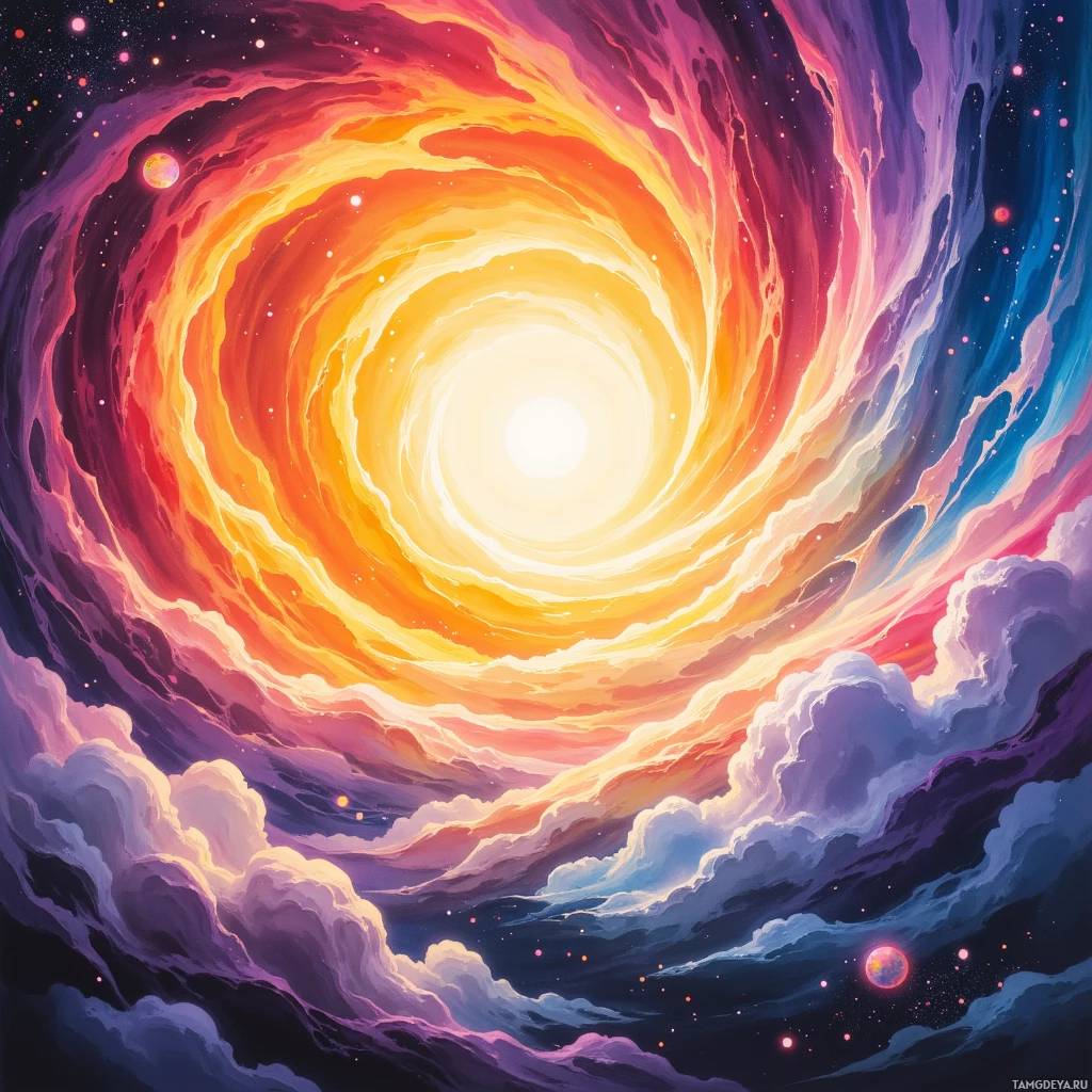 A vibrant, swirling galaxy with a bright center and colorful cosmic clouds.