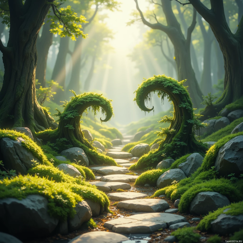 A serene forest scene with moss-covered rocks and trees, illuminated by sunlight filtering through the canopy.