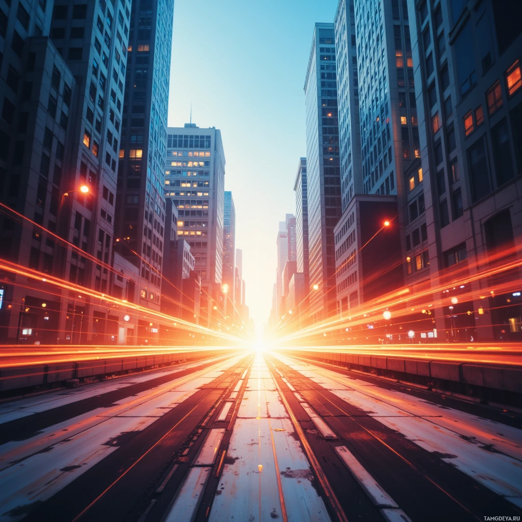 A vibrant cityscape with streaks of light and a bright sun at the horizon.