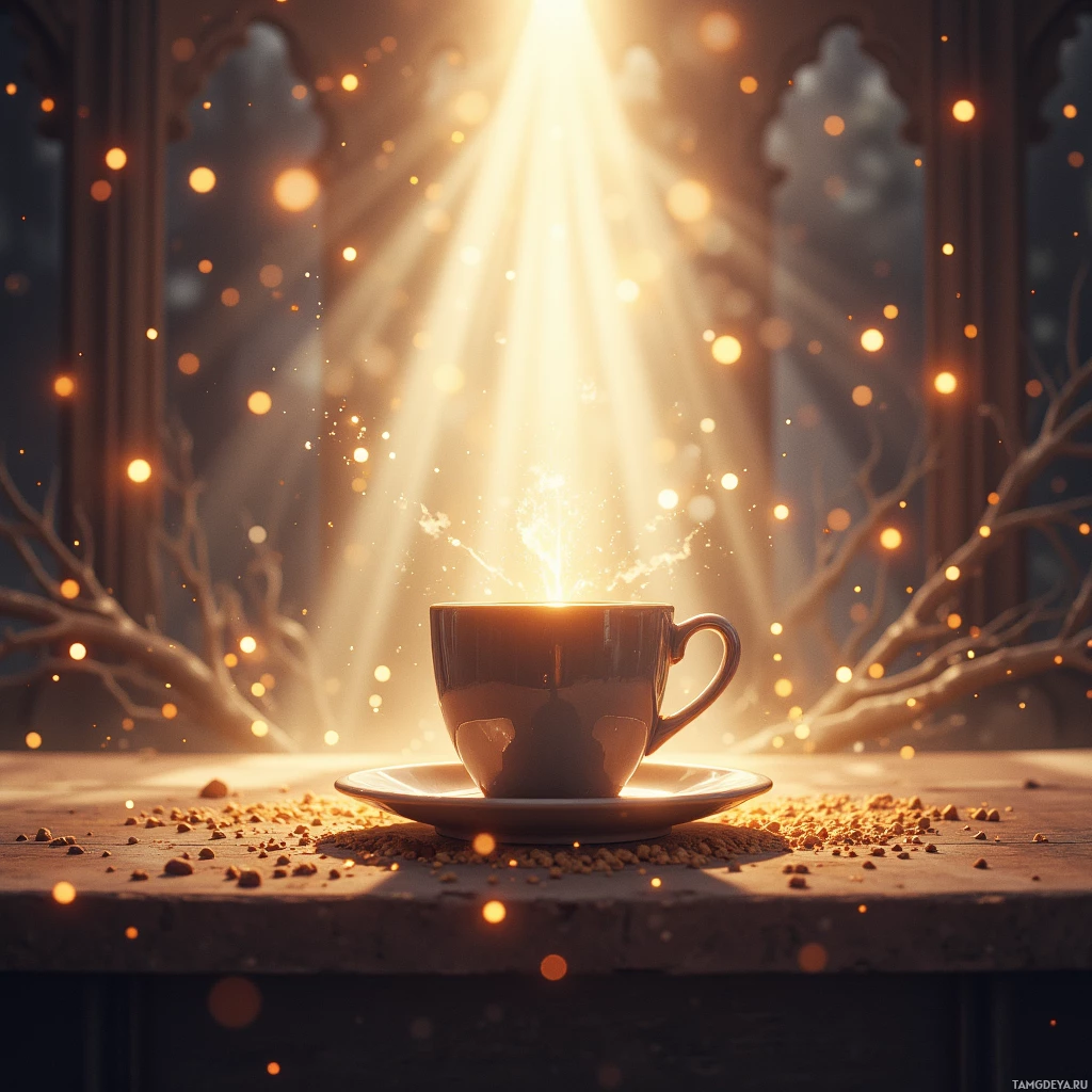 A cup of coffee sits on a table with warm light streaming through arched windows and sparkling particles floating around it.