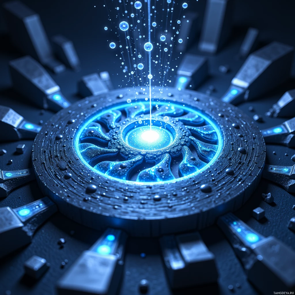 A glowing, intricate circular structure with blue light emanating from its center.