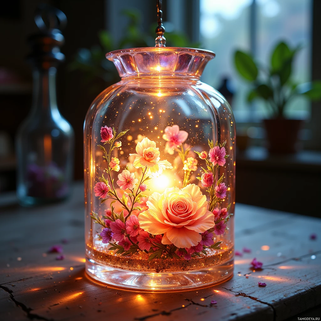 A glass jar with a floral arrangement inside, illuminated from within, placed on a wooden surface.