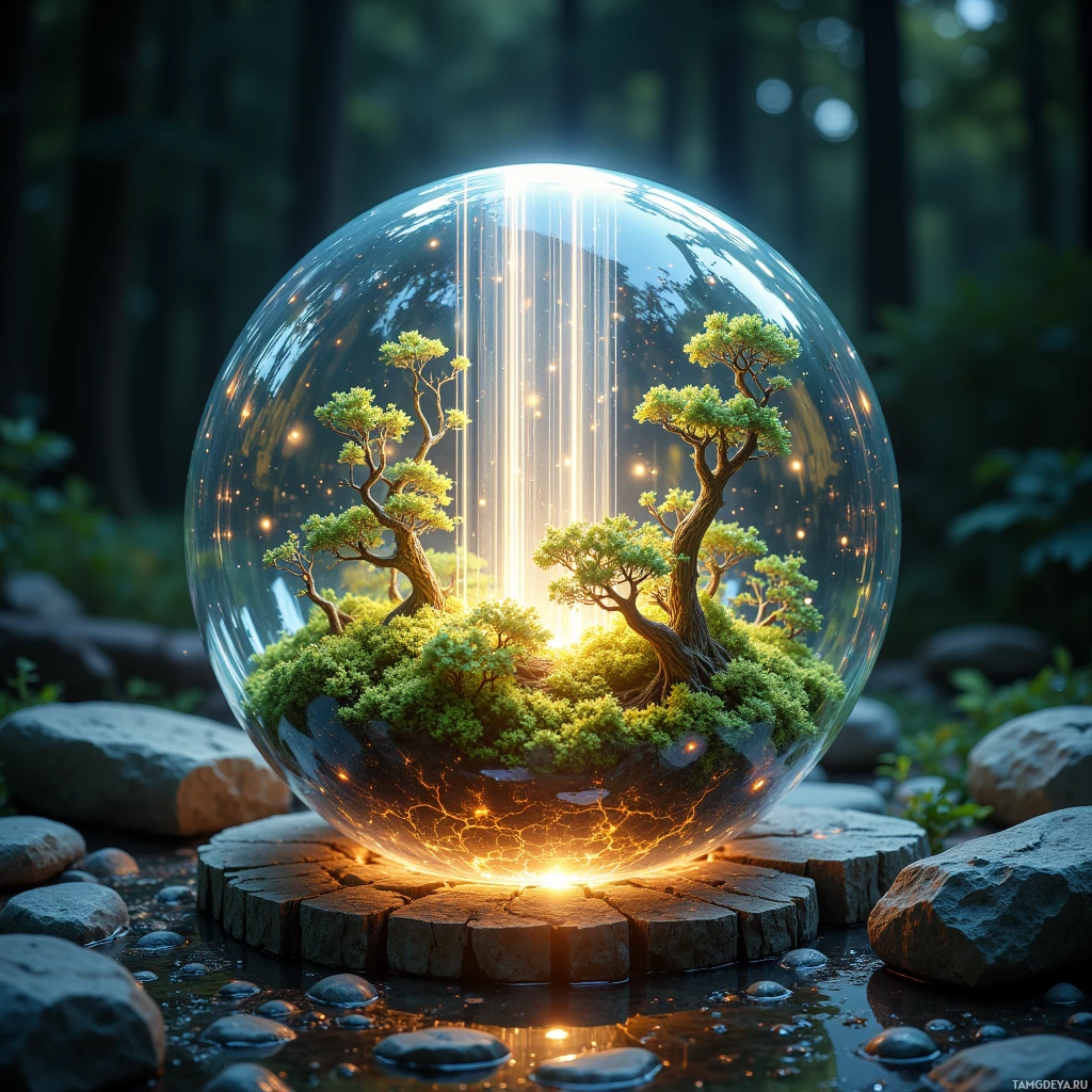 A glass sphere encloses a miniature forest scene with glowing light.