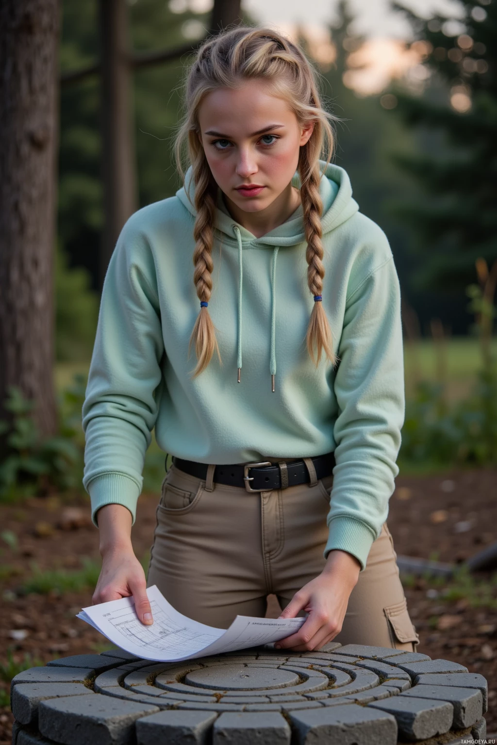 A person wearing a mint green hoodie and beige pants stands outdoors holding papers on a stone surface.