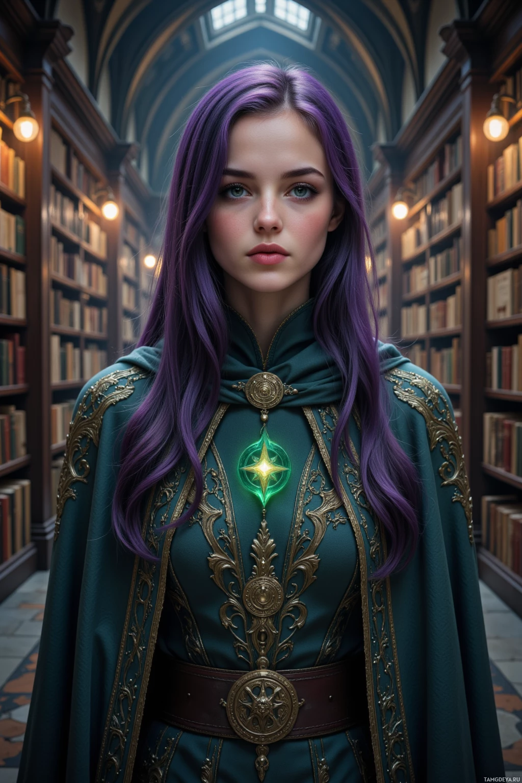 A person with long purple hair stands in a library, wearing an ornate green and gold outfit with a glowing emblem.