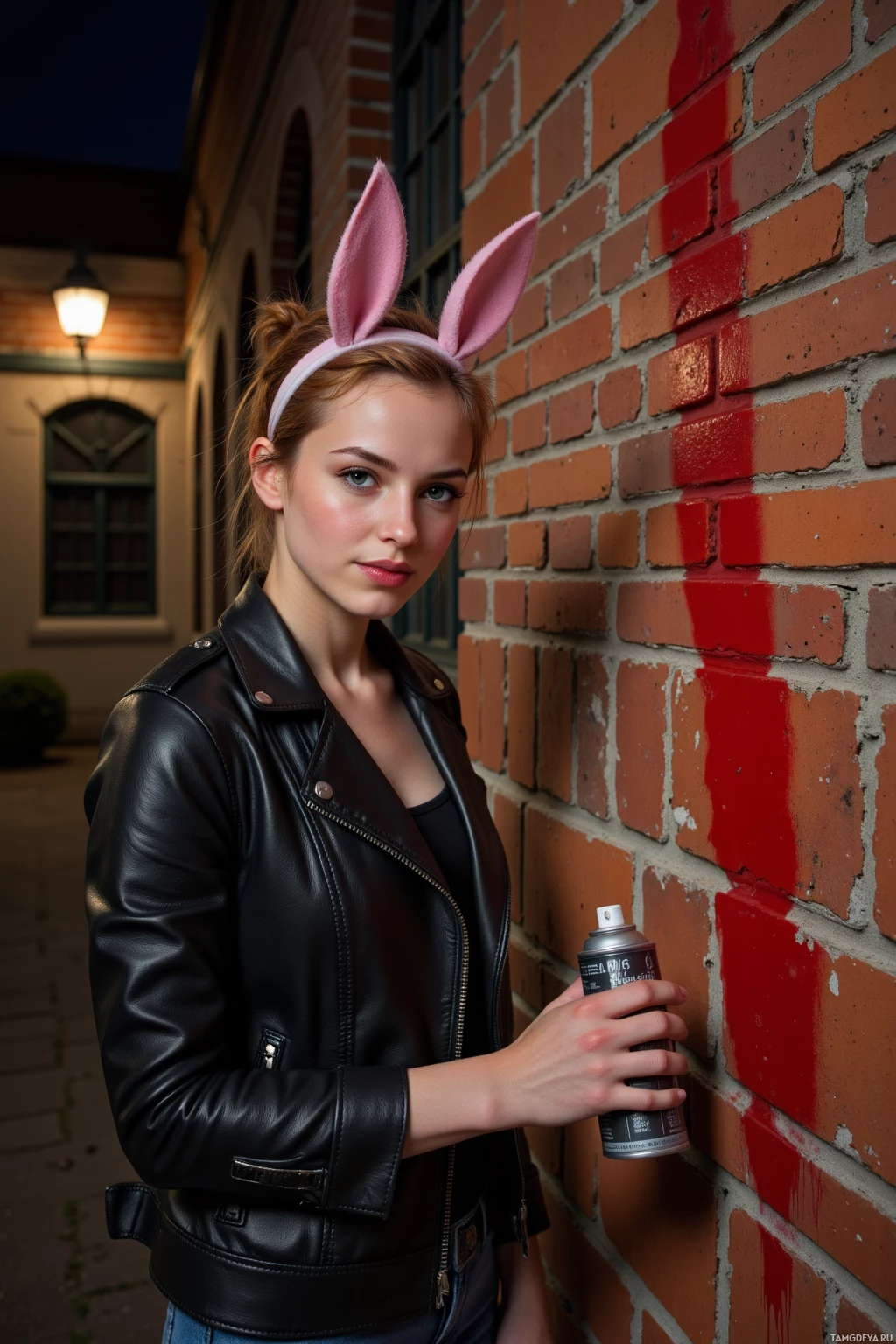 A person wearing a black leather jacket and bunny ears stands against a brick wall with a spray can.