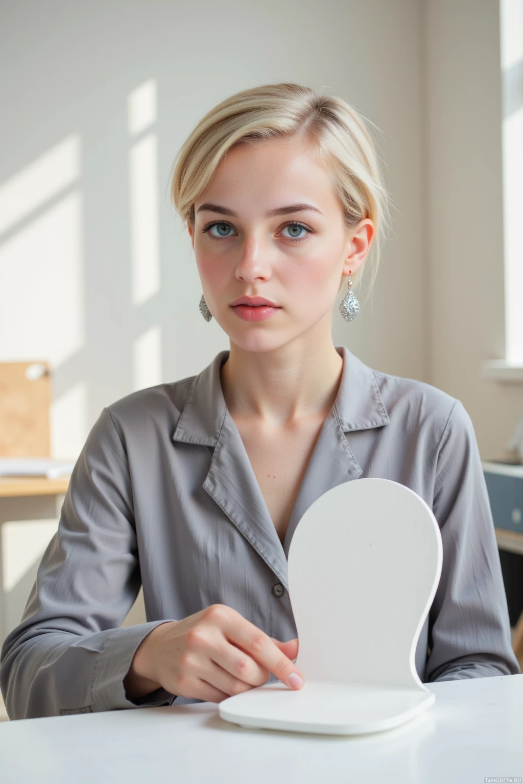 A person wearing a gray shirt and earrings is seated at a table with a white object in front of them.