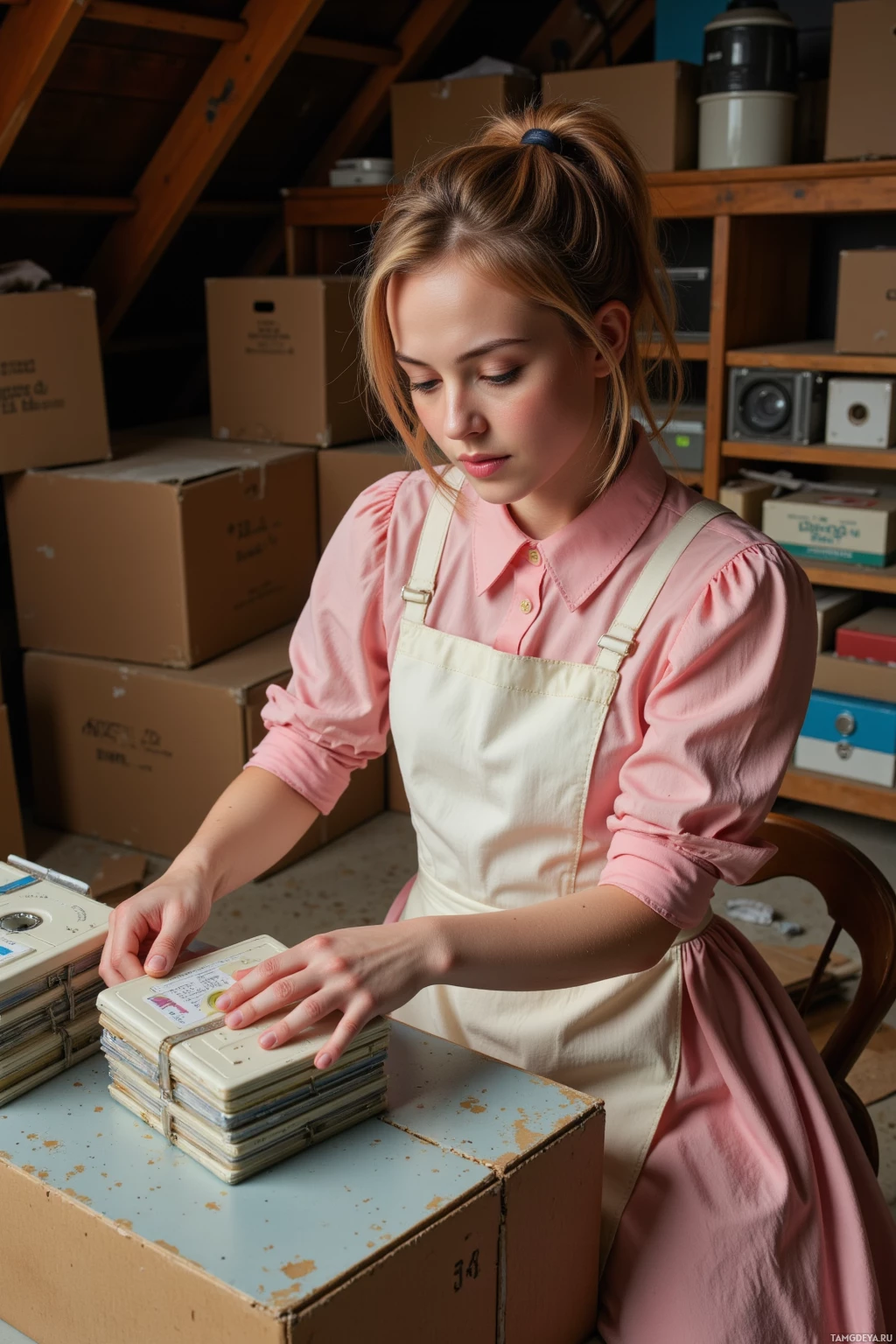 A person wearing an apron and pink shirt is organizing stacks of cards on a table in a cluttered room with boxes and shelves.