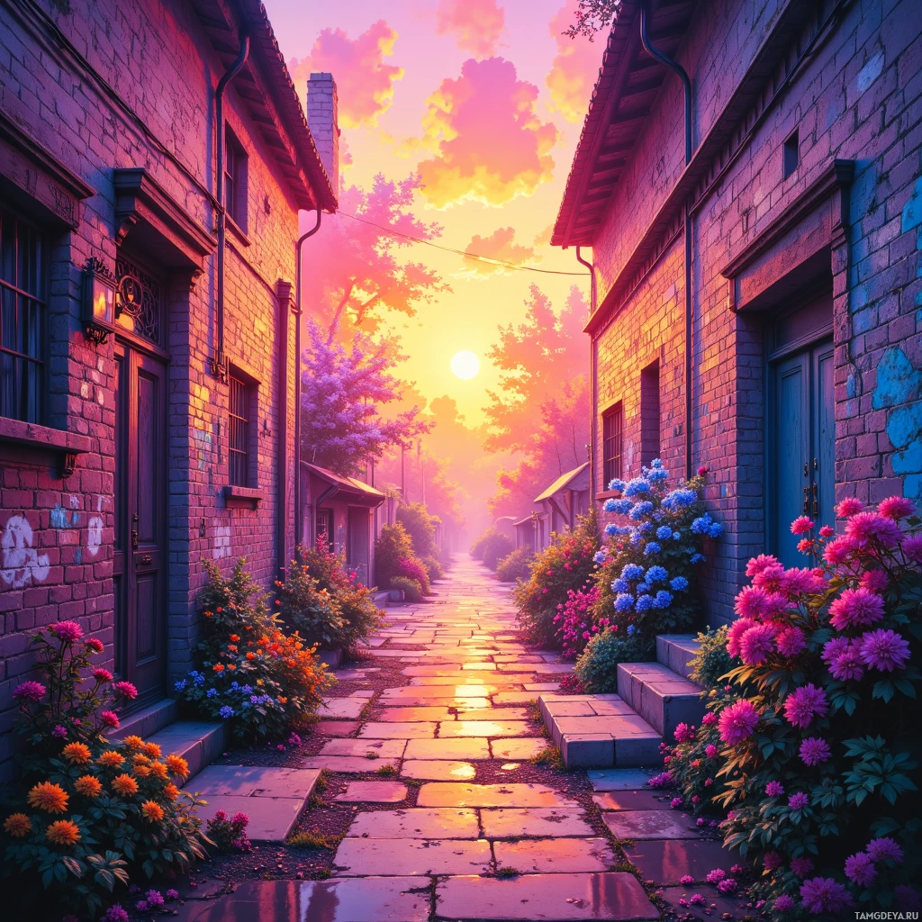 A picturesque street lined with brick houses and vibrant flowers under a colorful sunset sky.