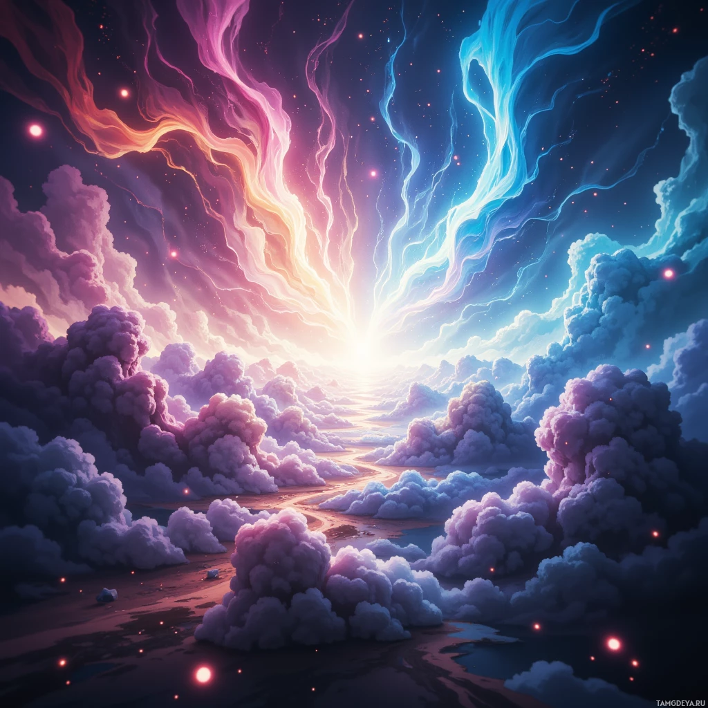 A vibrant, ethereal sky with swirling clouds and glowing particles.