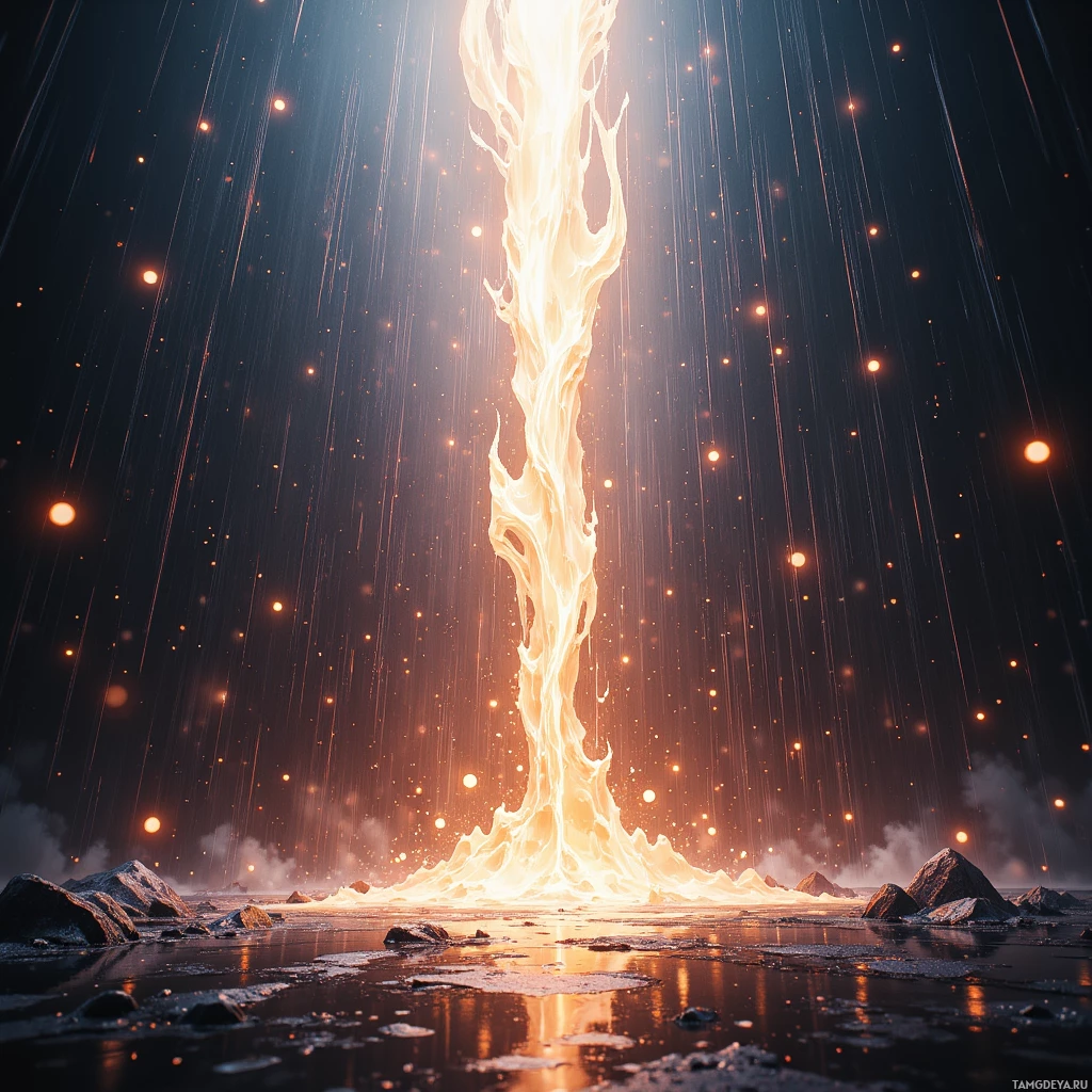 A fiery column rises from a rocky landscape amidst falling embers and glowing particles in a dark sky.