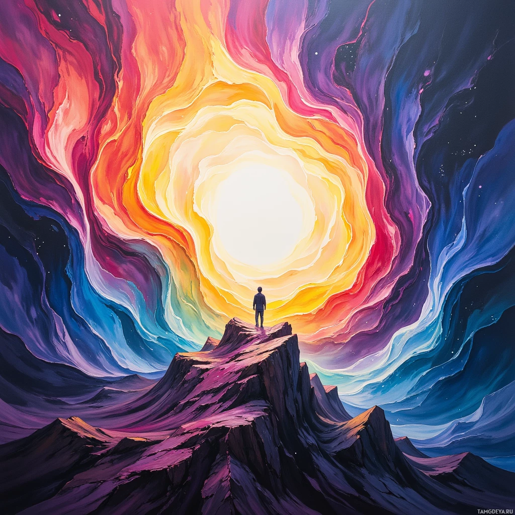 A person stands on a mountain peak, gazing at a vibrant, swirling tunnel of light leading to a bright white center.