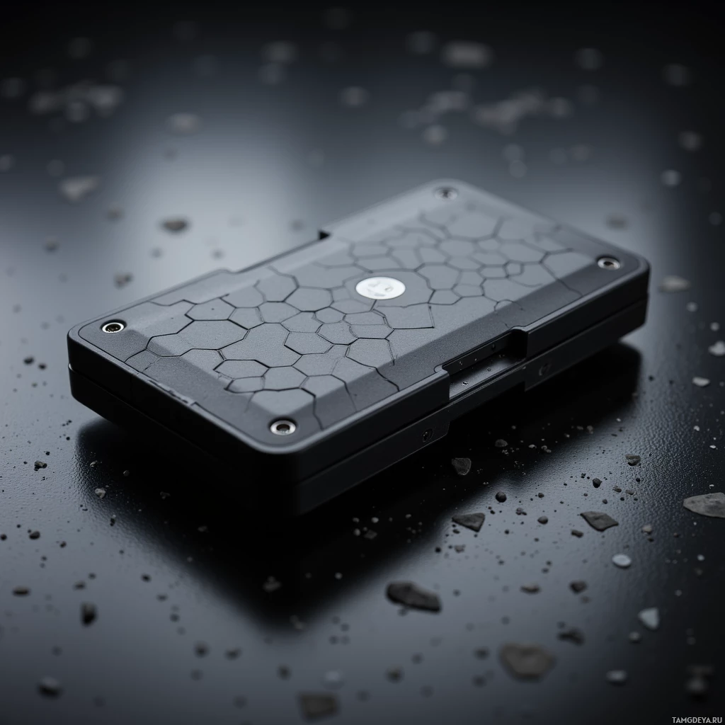 A rugged, hexagonal-patterned device lies on a dark, textured surface.