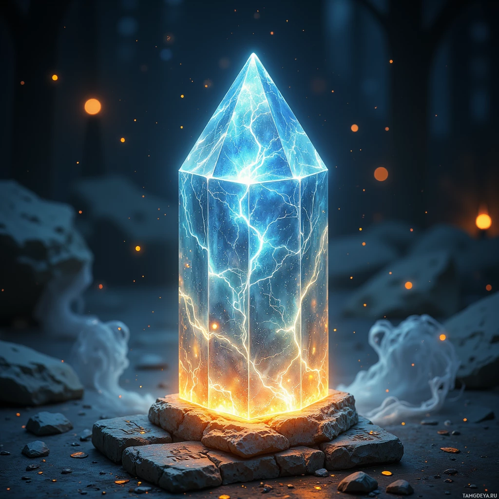 A glowing crystal pyramid emits electric blue and orange light, resting on rocks in a dark, mystical setting.