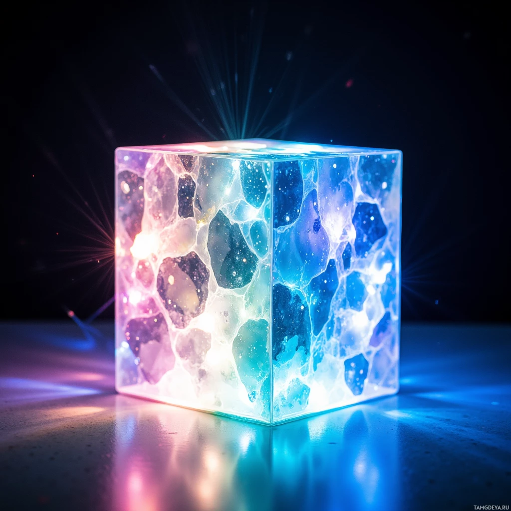 A glowing, translucent cube with a vibrant, cosmic interior.