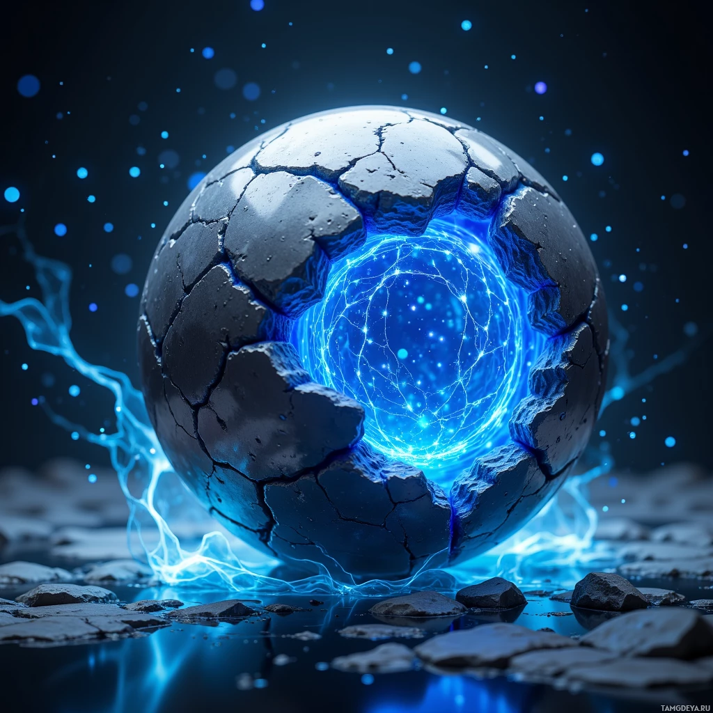 A cracked, glowing blue sphere emitting energy and light.