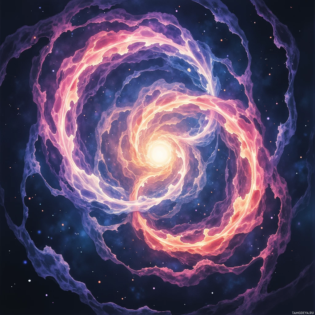 A swirling cosmic vortex with vibrant hues of pink, purple, and orange against a dark starry background.