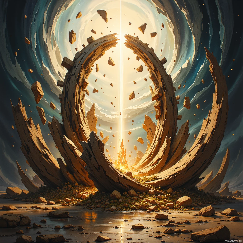 A circular structure with broken pieces and a bright light at its center is set against a swirling sky backdrop.