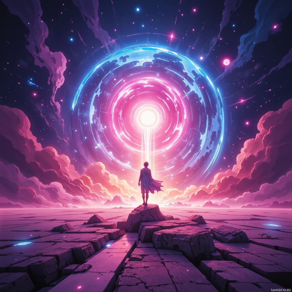 A figure stands on a rocky path, gazing at a glowing portal in the sky.
