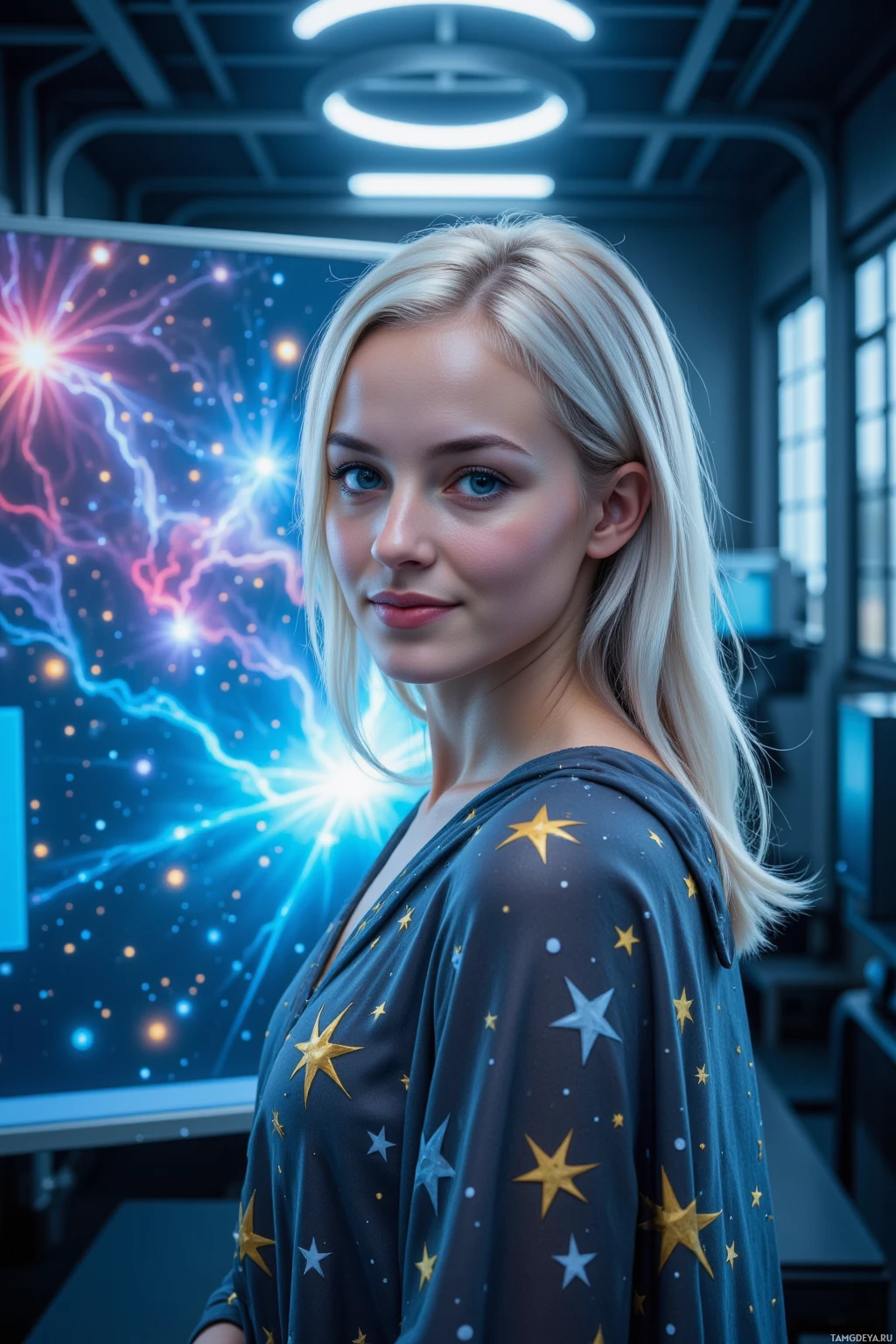 A person with blonde hair stands in a futuristic setting, wearing a star-patterned top.