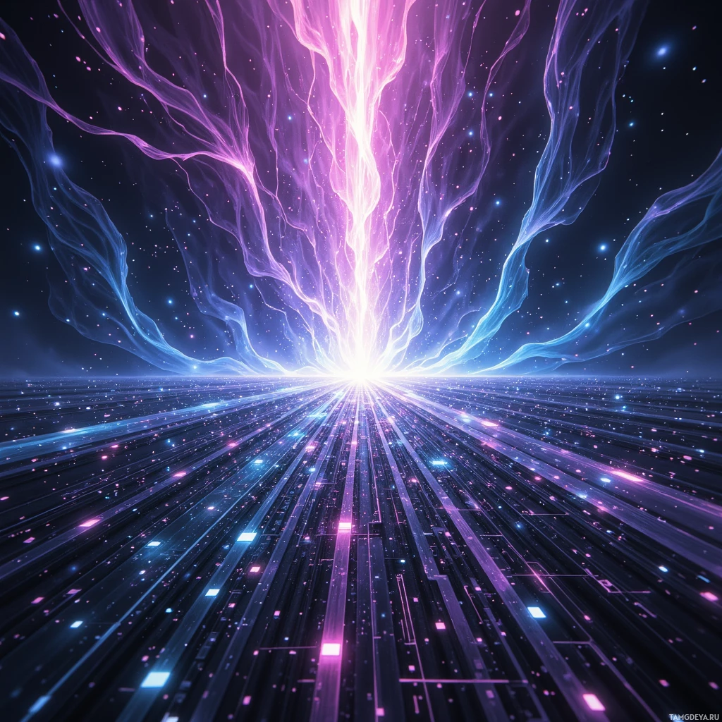 A vibrant cosmic scene with glowing lines and particles radiating from a central light source.